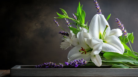 Softly lit white lily and lavender stems in a contemporary gray picture frameの素材