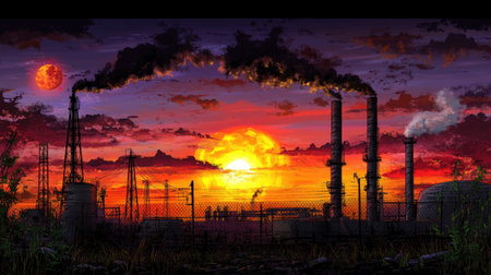 Emission tower ablaze at twilight, refinery pipes silhouetted against sunset sky of reds and orangesの素材