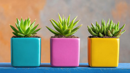 Three adorable succulents in colorful planters against a muted backgroundの素材
