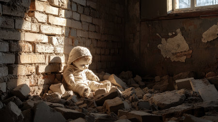 War ruins with a dusty child's doll half-buried among debris and broken bricks, haunting silenceの素材