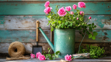 Pink rose blossom in a watering can beside garden tools and twineの素材
