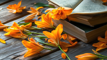 Orange lily petals spread across vintage book coversの素材