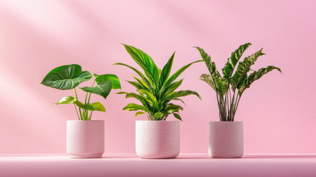 Minimalist trio of houseplants in ceramic pots with soft pink backgroundの素材
