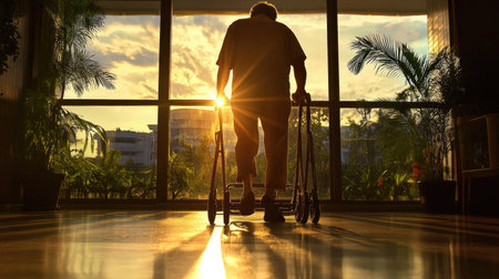 Elderly man slowly walking with a walker in a bright rehab center, morning sun streaming through windowsの素材