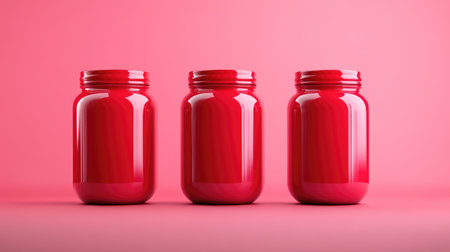 Three vibrant red jars arranged symmetrically on a solid pink backgroundの素材