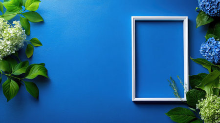Sophisticated flat lay of botanical frame with hydrangeas on bold blue backgroundの素材