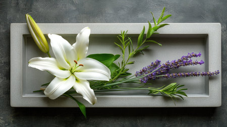 Softly lit white lily and lavender stems in a contemporary gray picture frameの素材