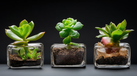 Trio of tiny succulents in unique decorative containers, minimal styleの素材