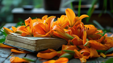 Orange lily petals spread across vintage book coversの素材
