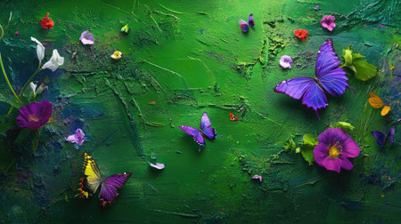 Green and floral environment with Earth and vibrant purple butterfliesの素材