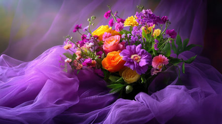 Vivid bouquet of fresh flowers cascading over soft sheer purple fabricの素材