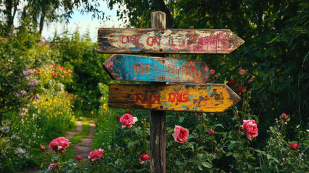 Wooden direction sign stands quietly in a rose maze, faded paint telling stories of past wanderersの素材