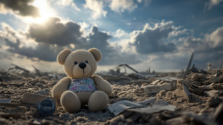 Soft toy amid war-torn wreckage under dramatic sky, a heartbreaking symbol of lost childhoodの素材