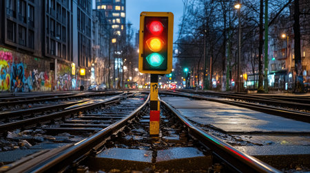 Urban transition: traffic light signaling goodbye to 2025 and welcoming 2026 under city lightsの素材