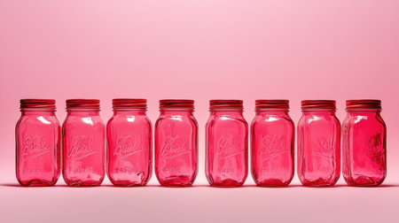 Symmetry and shine--red jars glowing on a baby pink backdropの素材