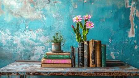 Minimalist scene of blooming cactus on weathered, stacked classicsの素材