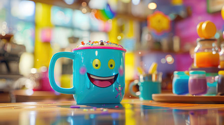 Animated retro mug character with a smile, colorful nostalgic coffee shop vibeの素材