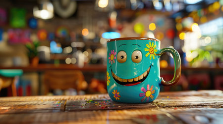 Animated retro mug character with a smile, colorful nostalgic coffee shop vibeの素材