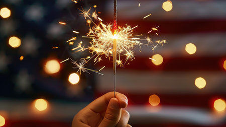 Bright sparkler lighting up in hand with the American flag in the background, festive 4th of July momentの素材