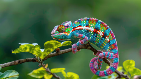 Multicolored chameleon on branch with dazzling skin patterns, nature palette in motionの素材