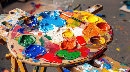 Circular artist palette overflowing with vivid paint colors, representing creativity and expressionの素材