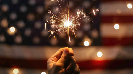 Bright sparkler lighting up in hand with the American flag in the background, festive 4th of July momentの素材