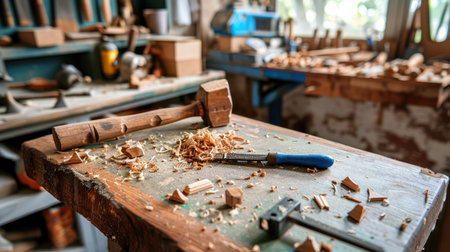 Artisan workspace with rustic tools and wood carving in progress, hands-on creativityの素材