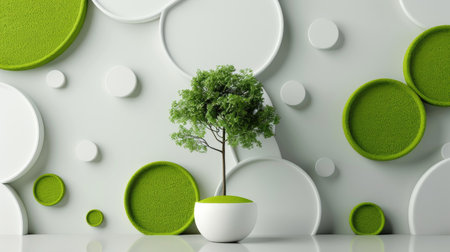 Minimalist 3D wallpaper with overlapping white and green circles and a stylized tree pattern in the backdropの素材