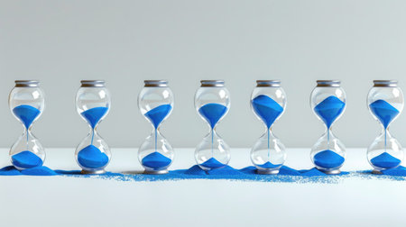 Collection of hourglasses lined up with fine blue sand marking time, minimalist conceptの素材
