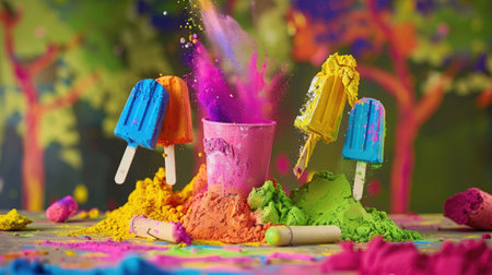 Creative Holi powders shaped like trees or popsicles on a festive table, bright and playfulの素材