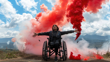 Confident disabled woman with smoke grenades, bold and empowering outdoor sceneの素材