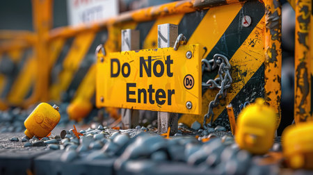Close-up of a "Do Not Enter" barrier blocking access, with warning signs and hazard markingsの素材