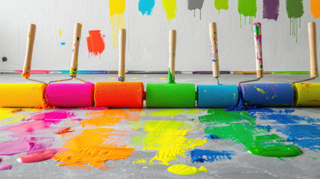 Close-up of multiple paint rollers dipped in bright colors, lined up on a studio floorの素材