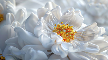 Detailed white bloom with gold detailing and soft shadows, exuding elegance and luxury,の素材
