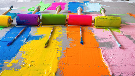 Close-up of multiple paint rollers dipped in bright colors, lined up on a studio floorの素材