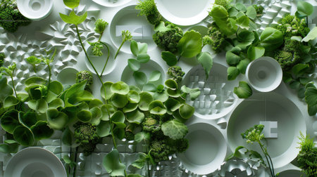 Green floral patterns layered on sculpted 3D white and green circular forms, soothing botanical wallpaperの素材