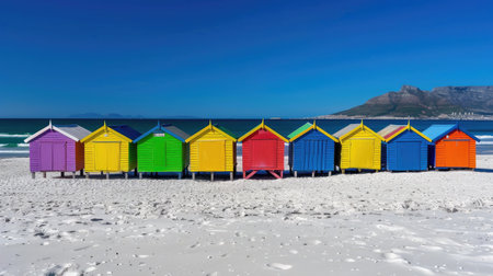 Iconic row of colorful beach huts on Muizenberg Beach in False Bay, Cape Town, South Africaの素材