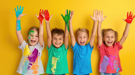 Happy children showing painted palms and colorful T-shirts, studio portrait full of funの素材