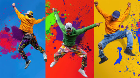 Hip hop dancers frozen mid-movement over vivid colored backdrops, collage of urban expressionの素材