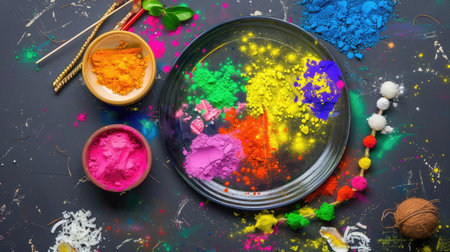 Decorative Holi plate with color powders, coconut, and sweet garland arranged for celebrationの素材