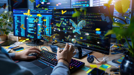 Developer coding on multiple screens with digital elements overlaying the scene, web tech themeの素材