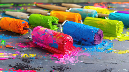 Close-up of multiple paint rollers dipped in bright colors, lined up on a studio floorの素材