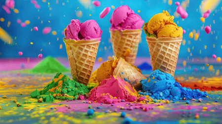 Holi festival powders styled as ice cream scoops in waffle cones, playful and colorful conceptの素材
