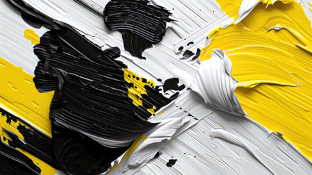 Fine-detailed oil texture in black, yellow, and white with layered brushstrokes, modern wallpaper design,の素材