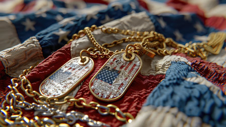 Memorial concept with engraved dog tags in USA flag design, tribute to veterans and heroesの素材