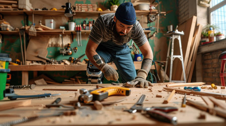 Focused young man with prosthetic leg operating tools in a wood workshop, hands-on and skilledの素材