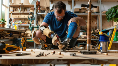 Focused young man with prosthetic leg operating tools in a wood workshop, hands-on and skilledの素材