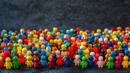 Inclusion-themed layout of multicolored toy figures grouped closely on dark backgroundの素材