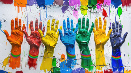 Vibrant hands painted in rainbow tones on a mural, showing support and equality for the LGBT communityの素材