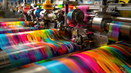 Printing press operation with sheets rolling through in vibrant inks,の素材